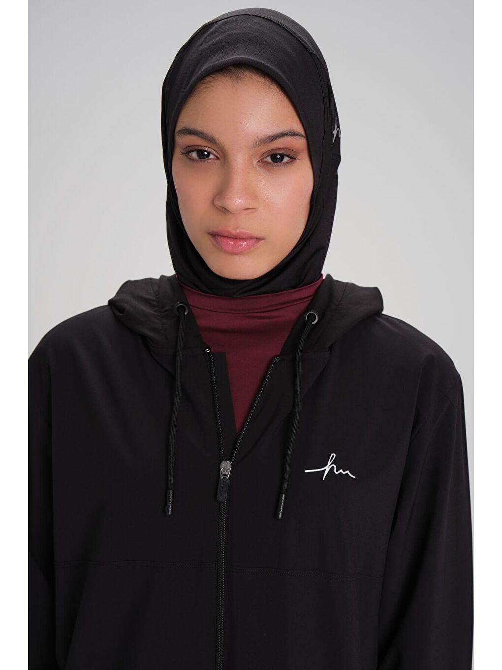 Active Uzun Kollu Kapüşonlu Fermuarlı Siyah Tesettür Antrenman Üstü Act 10-4