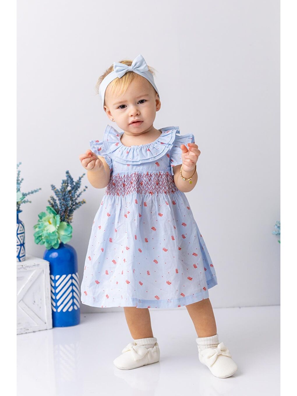 Karışık Kız Bebek Mercan Desenli Yakası Fırfırlı Gipeli Elbise - Desenli-3