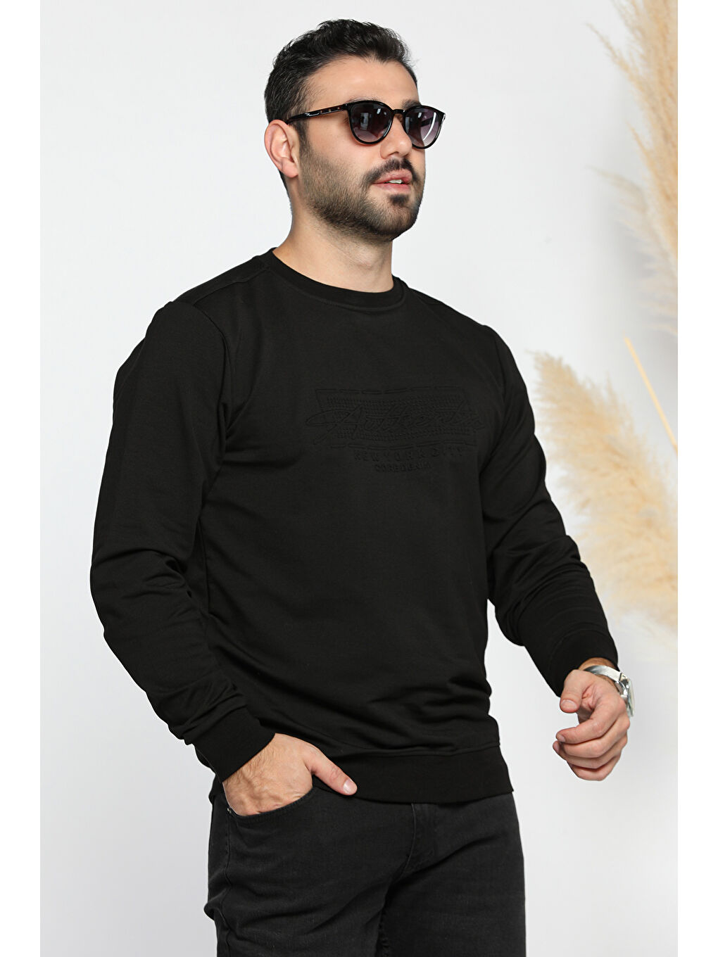 Mishar İtalia Siyah Erkek Bisiklet Yaka Yazı Kabartmalı Sweatshirt - 1