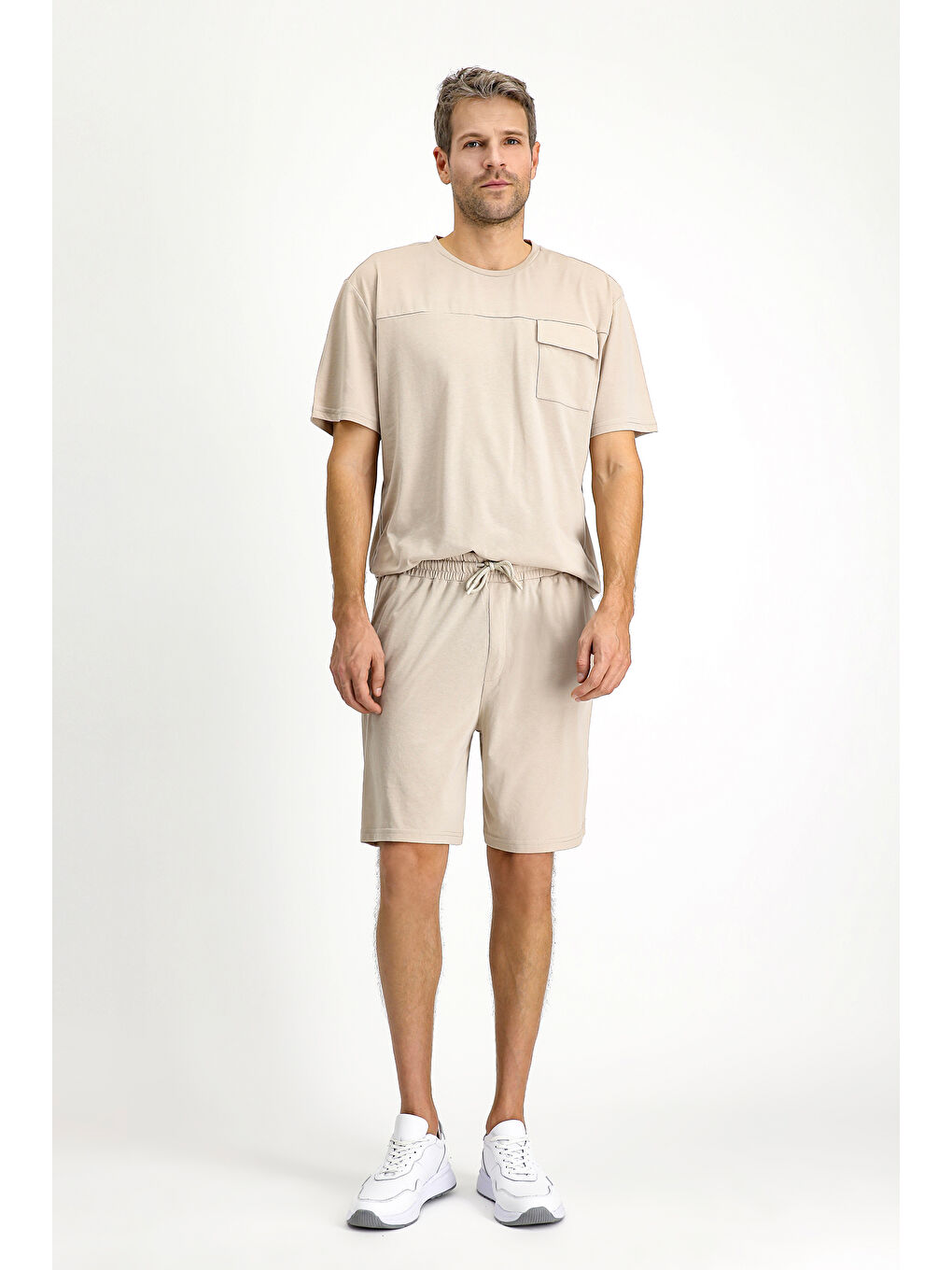 Bej Kısa Kol Bisiklet Yaka 3'lü Şortlu Pijama Seti