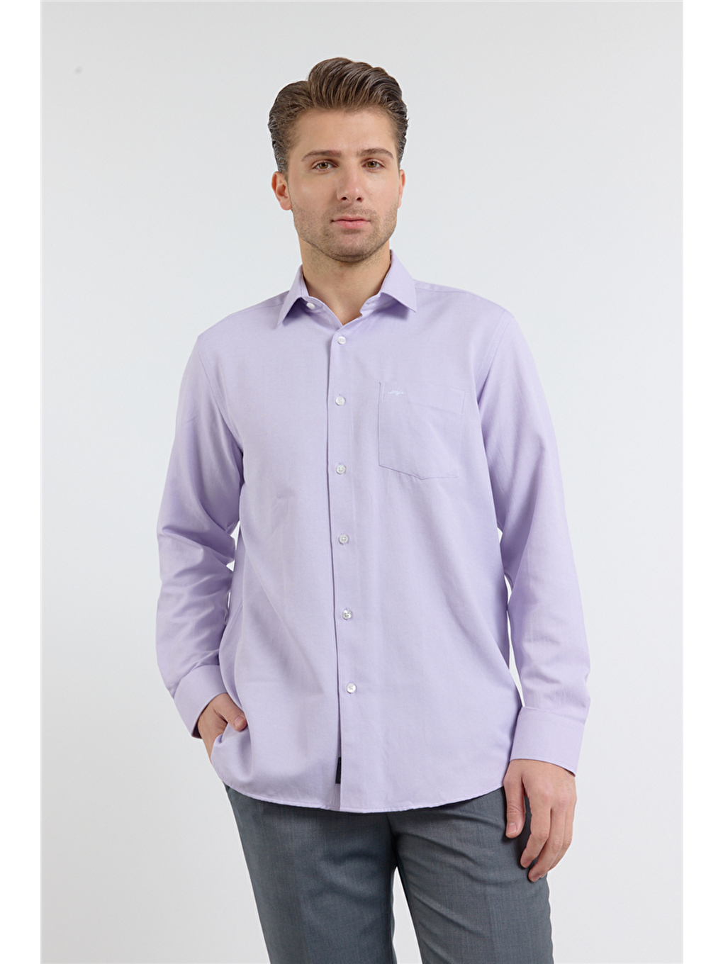 Lila Sert Yaka Uzun Kol Cepli Comfort Fit Pamuklu Gömlek 1004255285