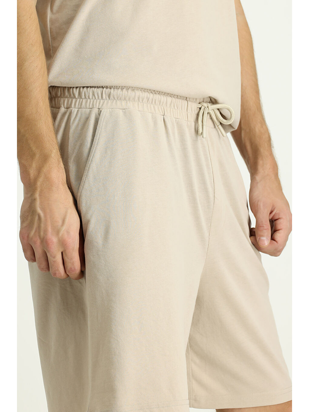 Bej Kısa Kol Bisiklet Yaka 3'lü Şortlu Pijama Seti-2