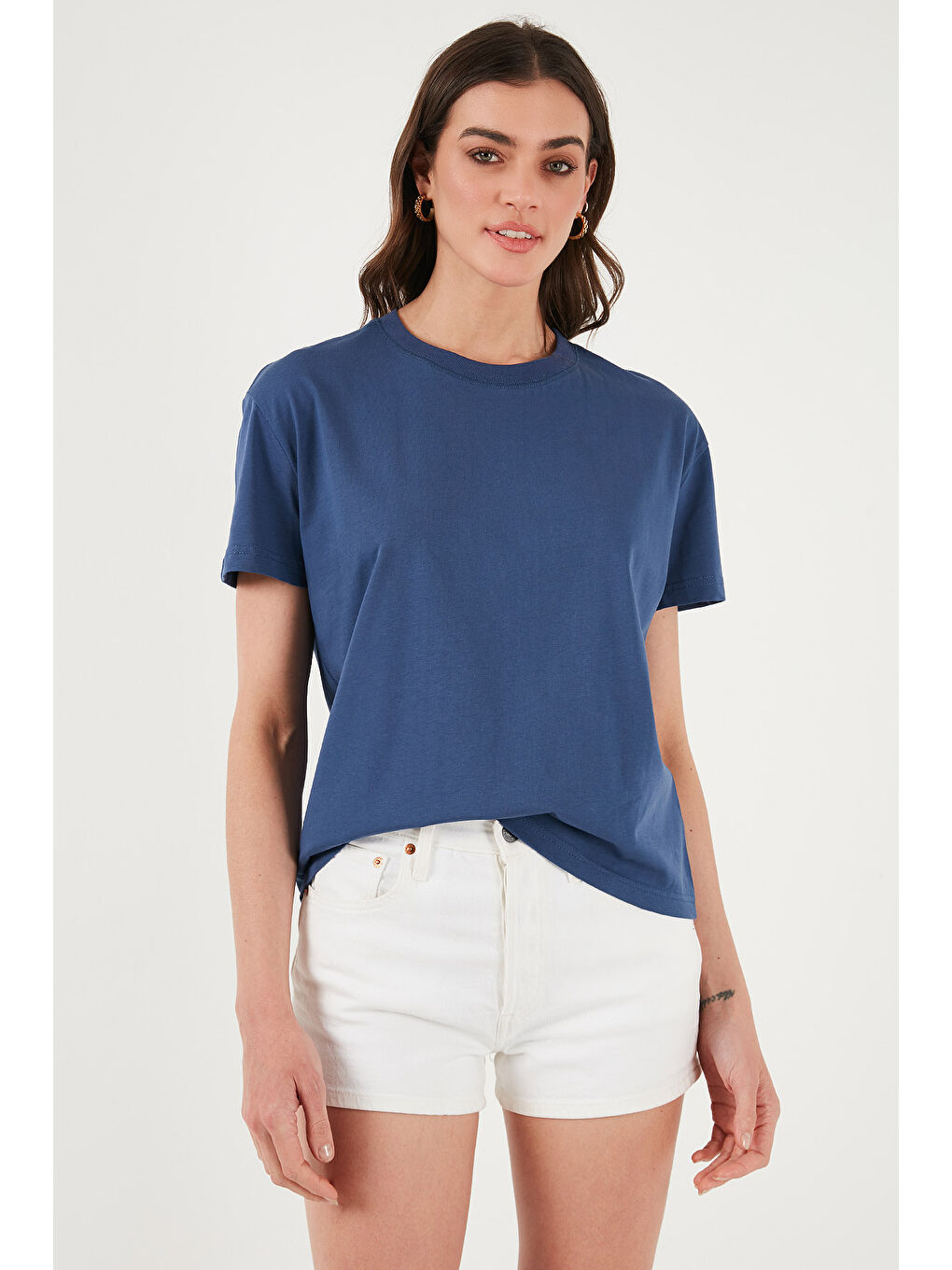 İndigo Pamuklu Oversize Fit Bisiklet Yaka Kadın T Shirt 5866097-3