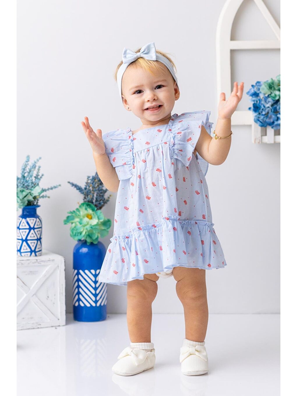 Karışık Kız Bebek Mercan Desenli Fırfırlı Elbise - Desenli