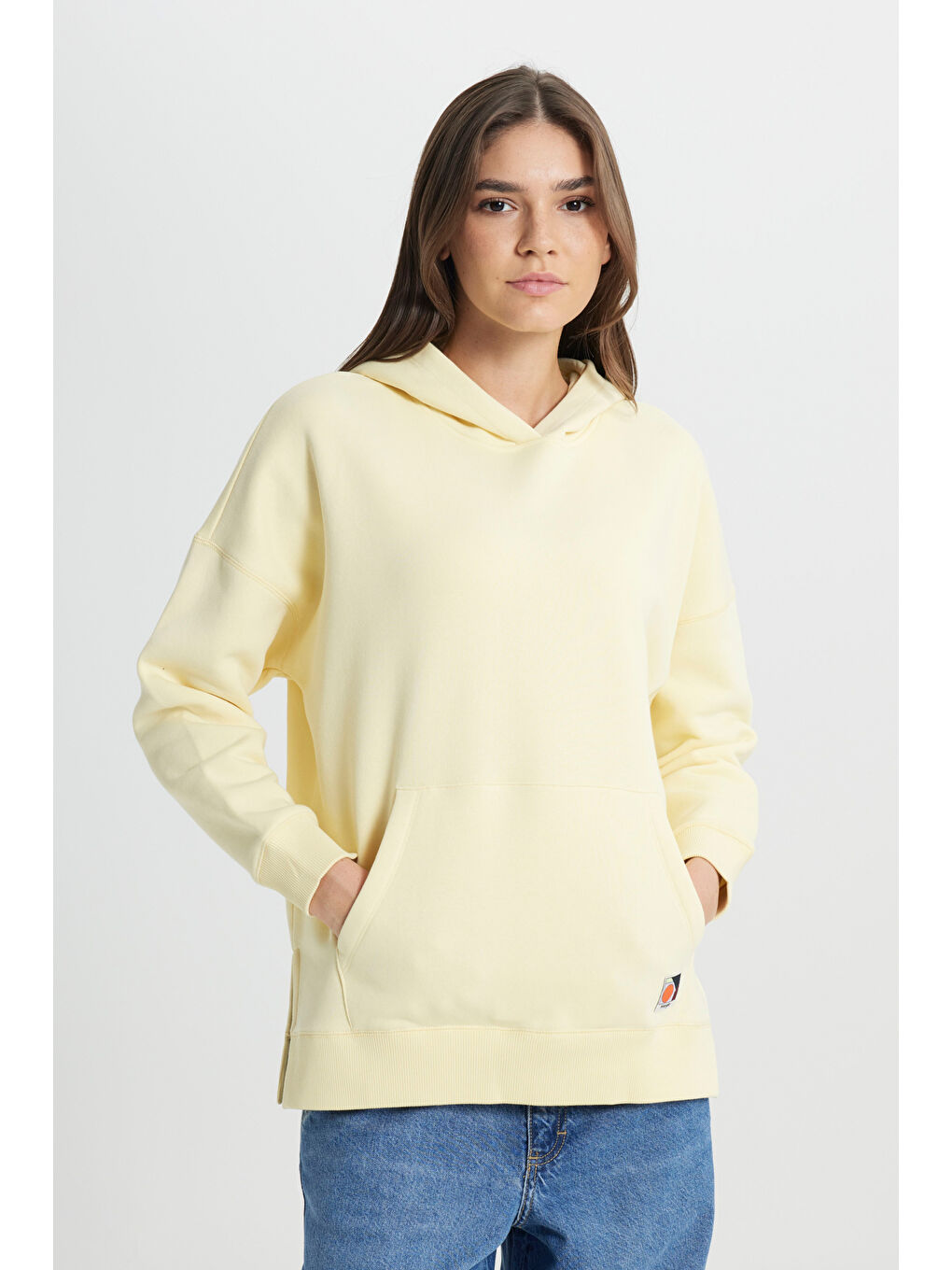 Loose Fit Rahat Kesim Kapüşonlu İçi Polarlı Sarı Sweatshirt-1