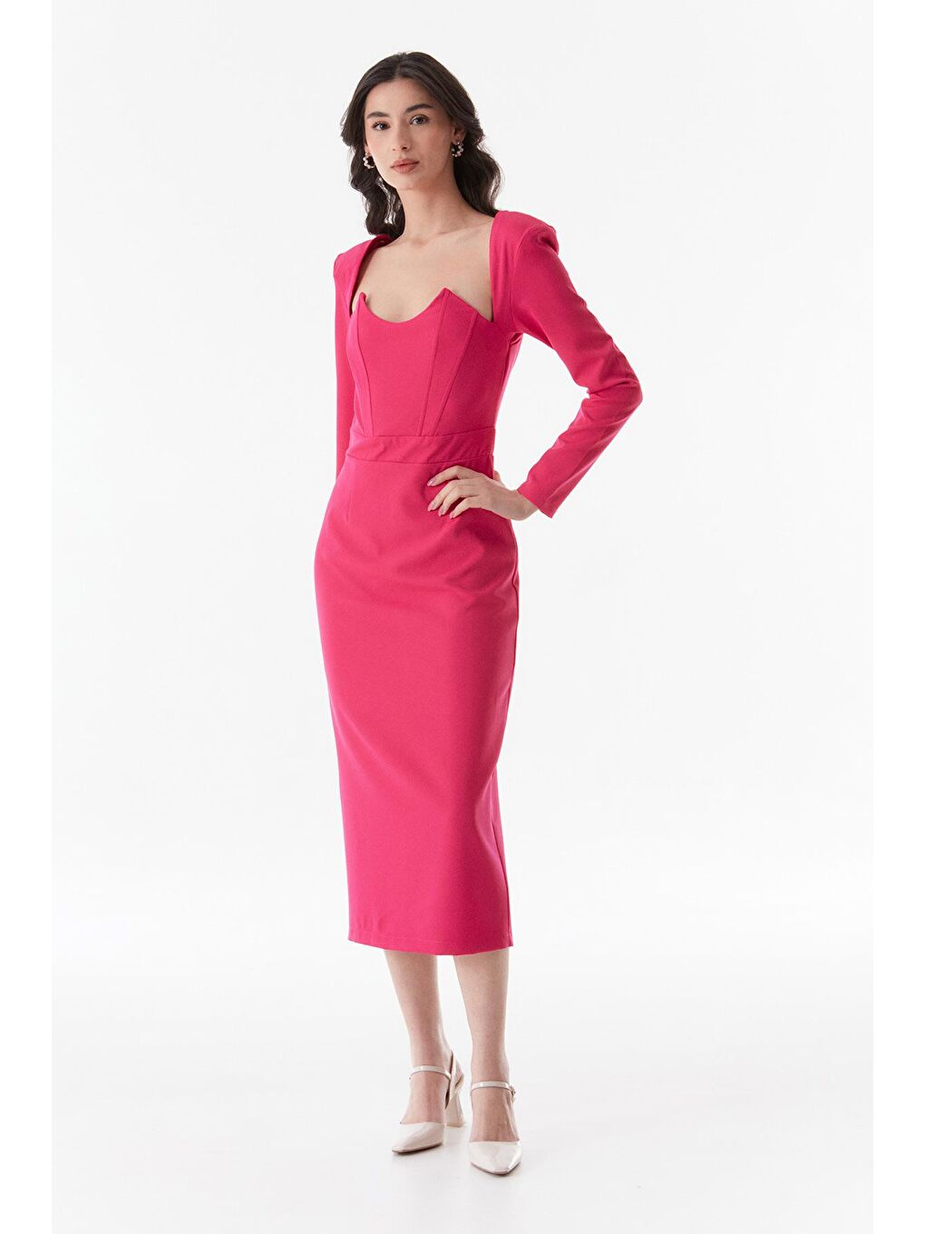 Fuşya Vatkalı Geniş Yaka Yırtmaçlı Elbise-1