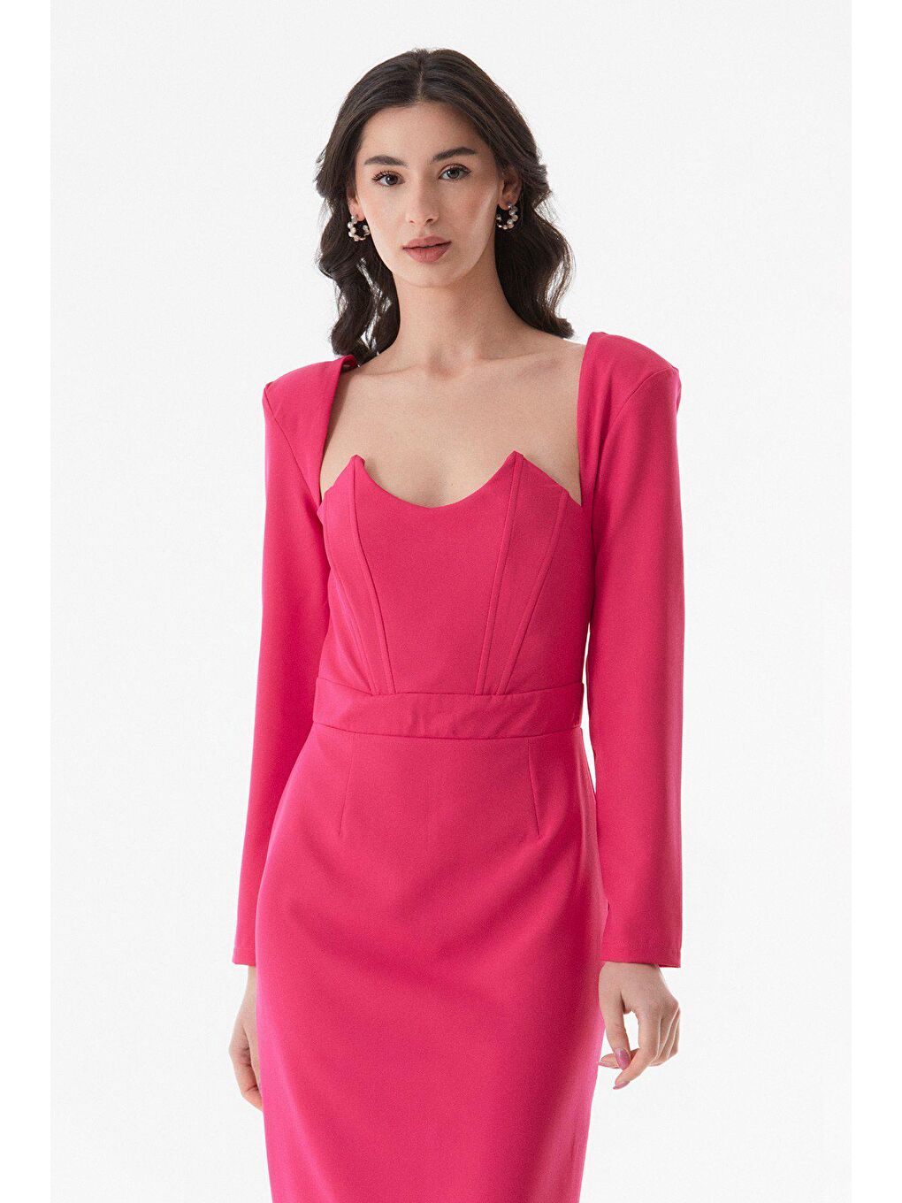 Fuşya Vatkalı Geniş Yaka Yırtmaçlı Elbise-2