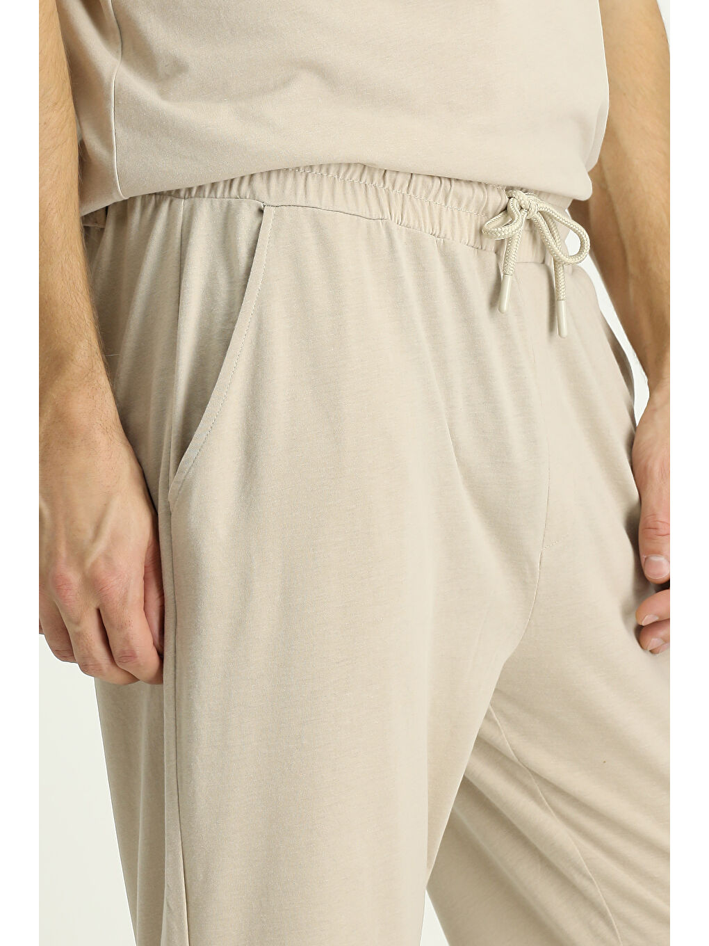 Bej Kısa Kol Bisiklet Yaka 3'lü Şortlu Pijama Seti-6