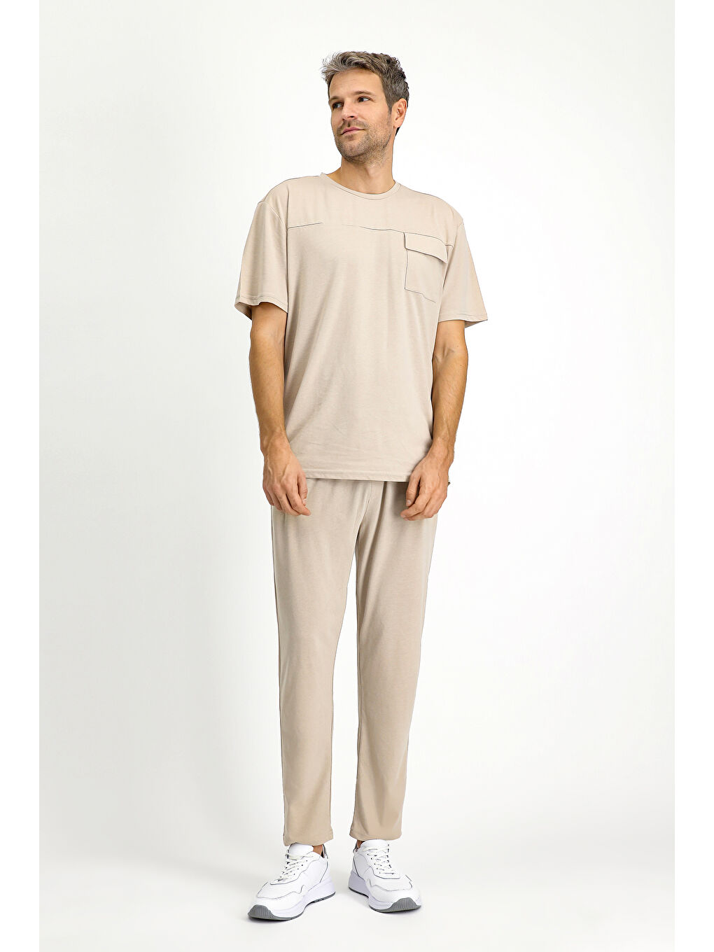 Bej Kısa Kol Bisiklet Yaka 3'lü Şortlu Pijama Seti-7