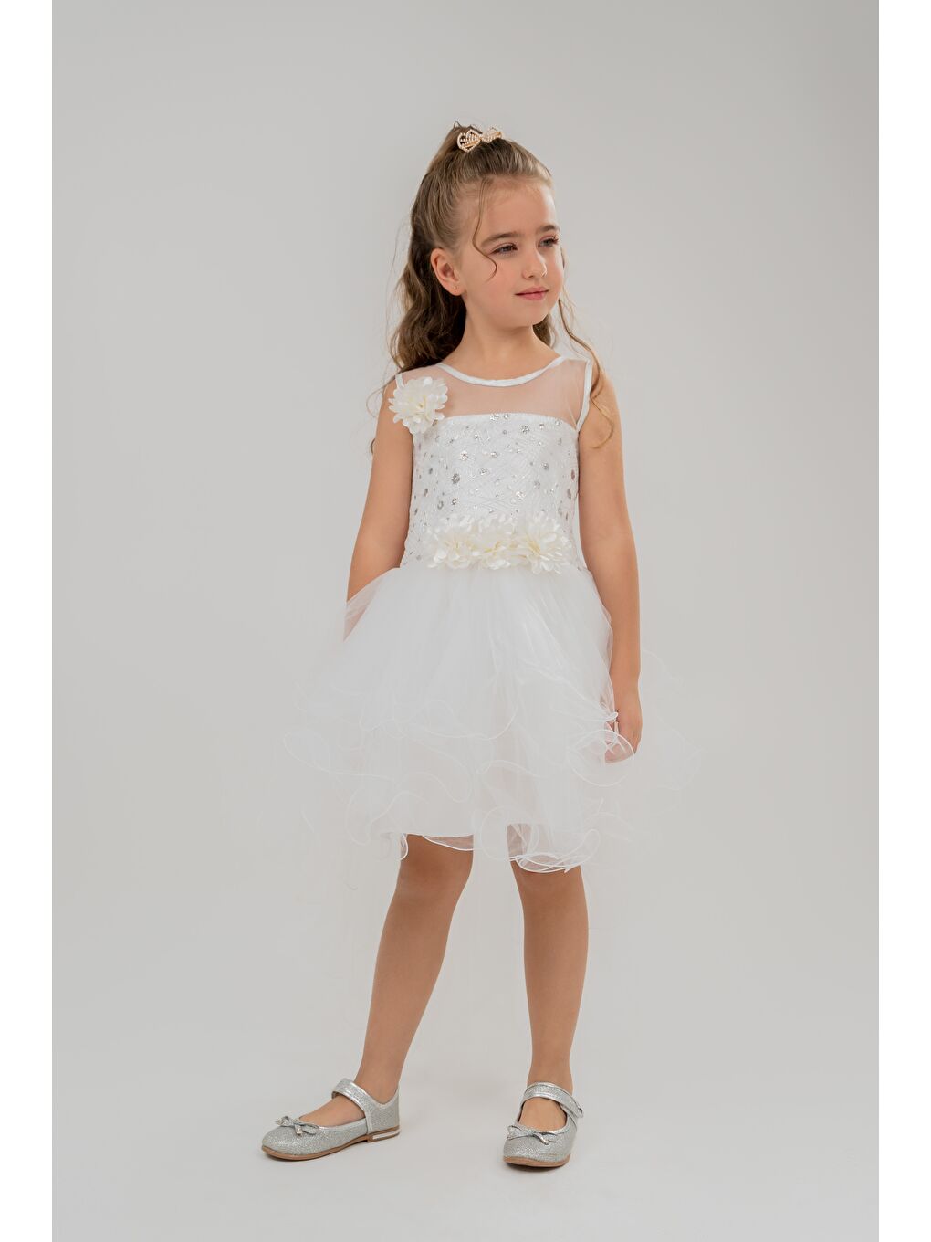 Beyaz Yakası Çiçekli Uzun Kuyruklu Çocuk Abiye MNK0468