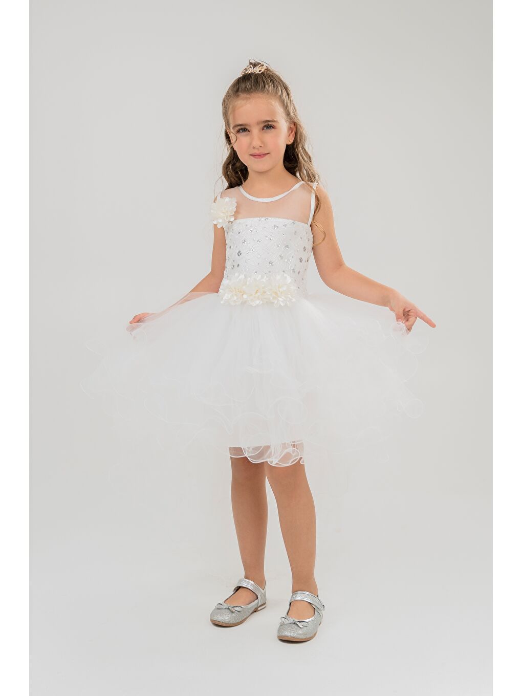 Beyaz Yakası Çiçekli Uzun Kuyruklu Çocuk Abiye MNK0468-2