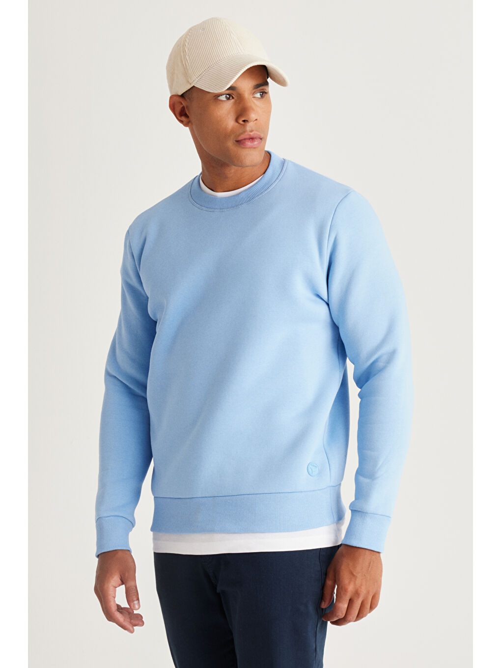 Erkek Açık Mavi Standart Fit Normal Kesim İçi Polarlı Bisiklet Yaka Sweatshirt-2