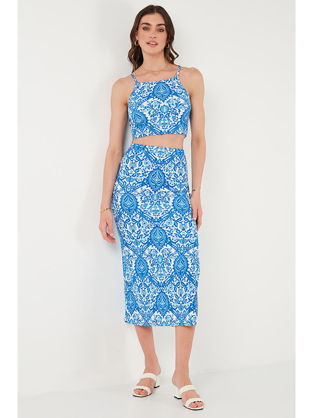 Mavi Slim Fit İp Askılı Yırtmaçlı Midi Alt-Üst Takım 5869021-2