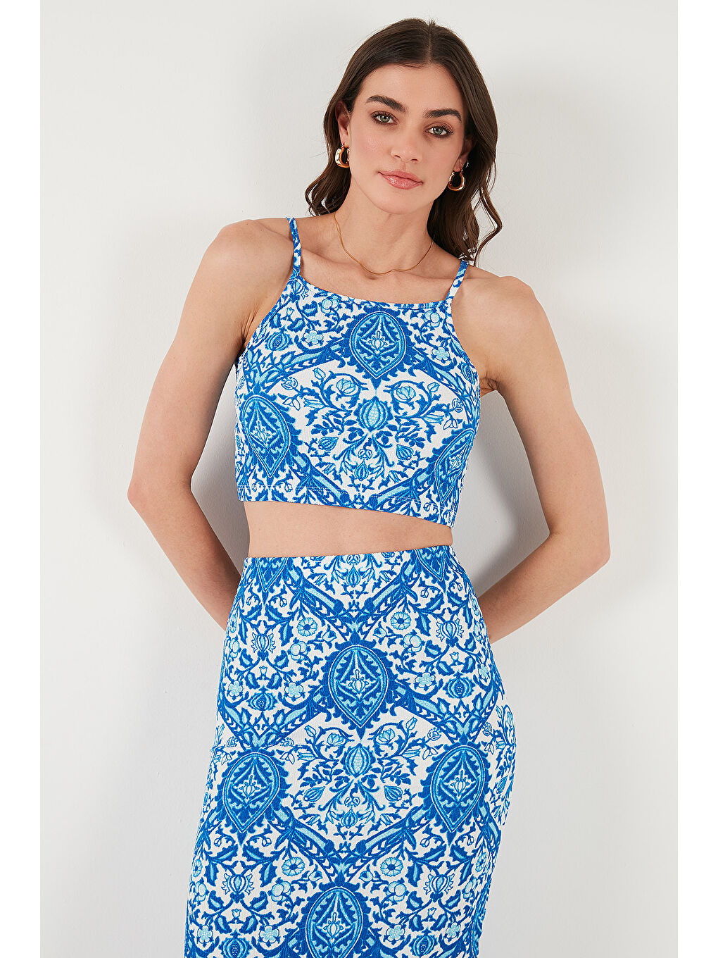 Mavi Slim Fit İp Askılı Yırtmaçlı Midi Alt-Üst Takım 5869021-3