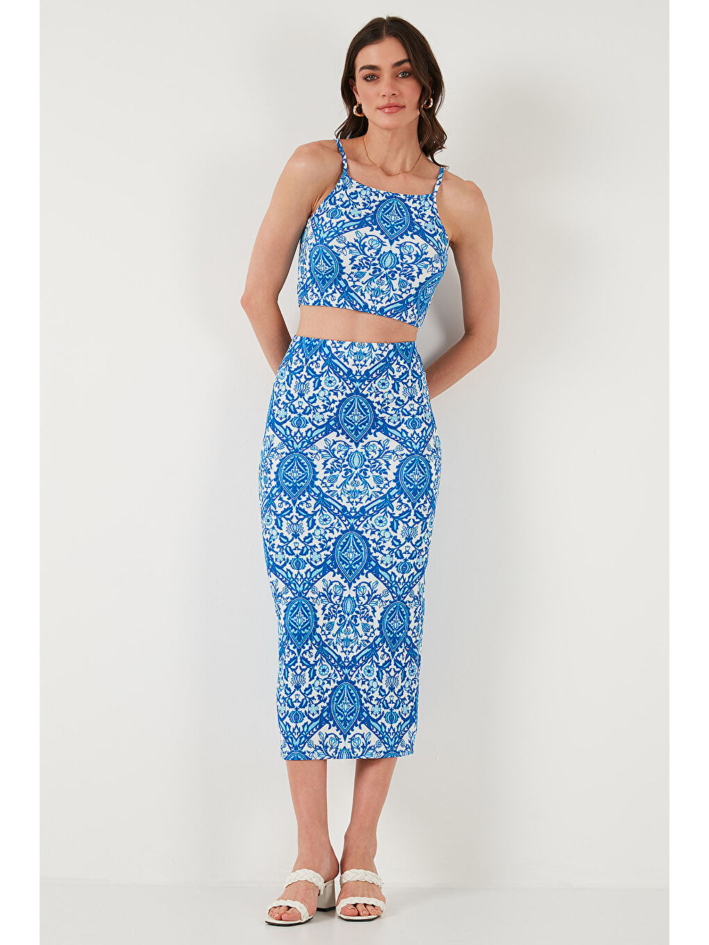 Mavi Slim Fit İp Askılı Yırtmaçlı Midi Alt-Üst Takım 5869021-5