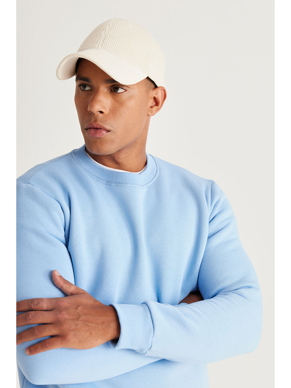 Erkek Açık Mavi Standart Fit Normal Kesim İçi Polarlı Bisiklet Yaka Sweatshirt-3