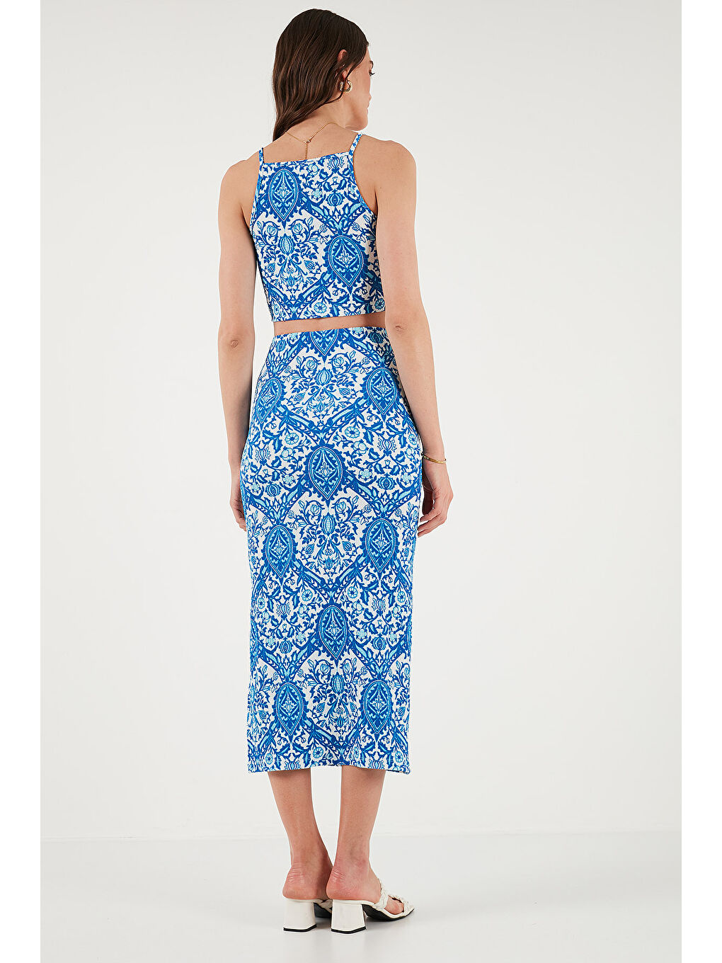 Mavi Slim Fit İp Askılı Yırtmaçlı Midi Alt-Üst Takım 5869021-6