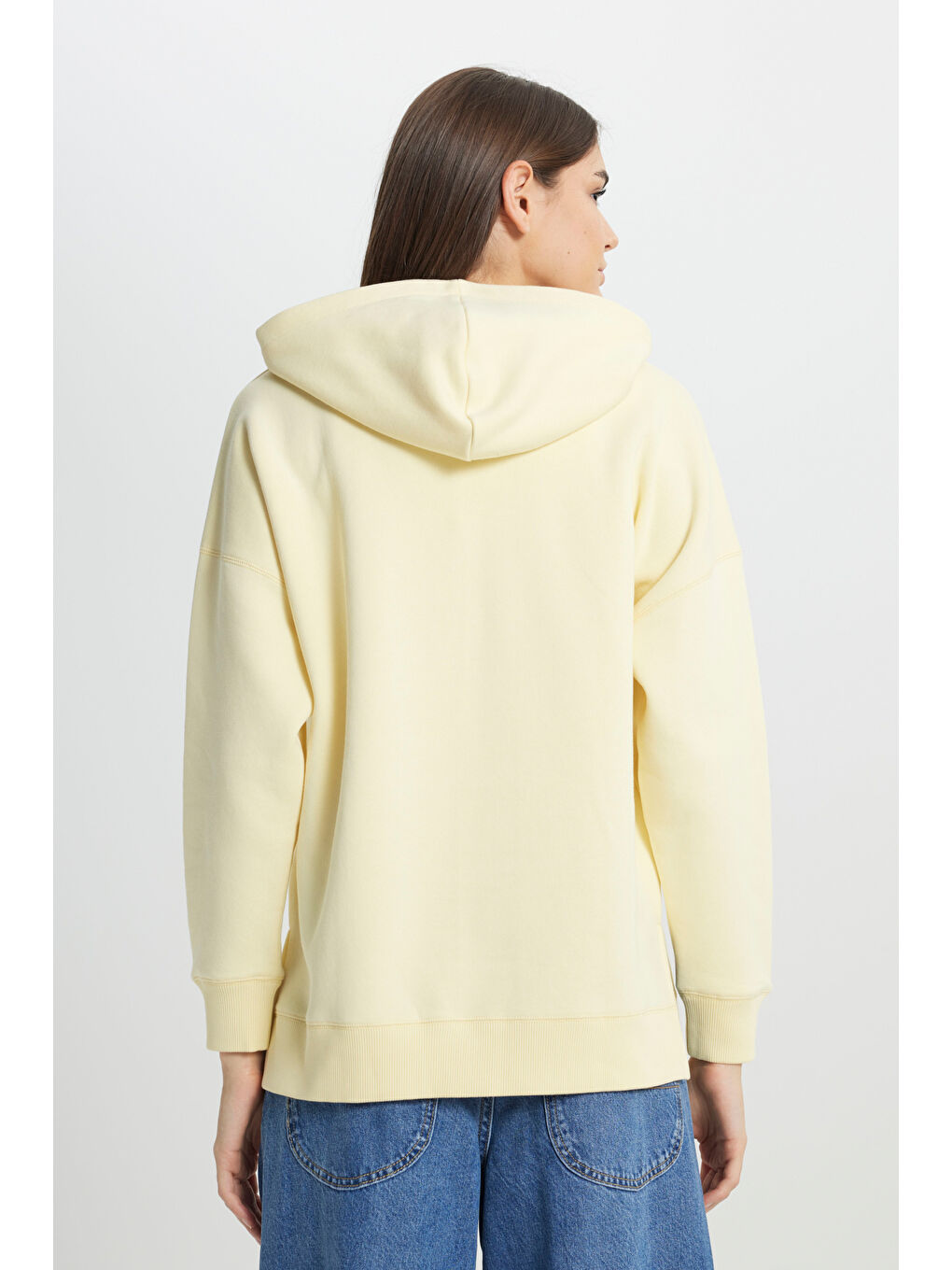 Loose Fit Rahat Kesim Kapüşonlu İçi Polarlı Sarı Sweatshirt-5