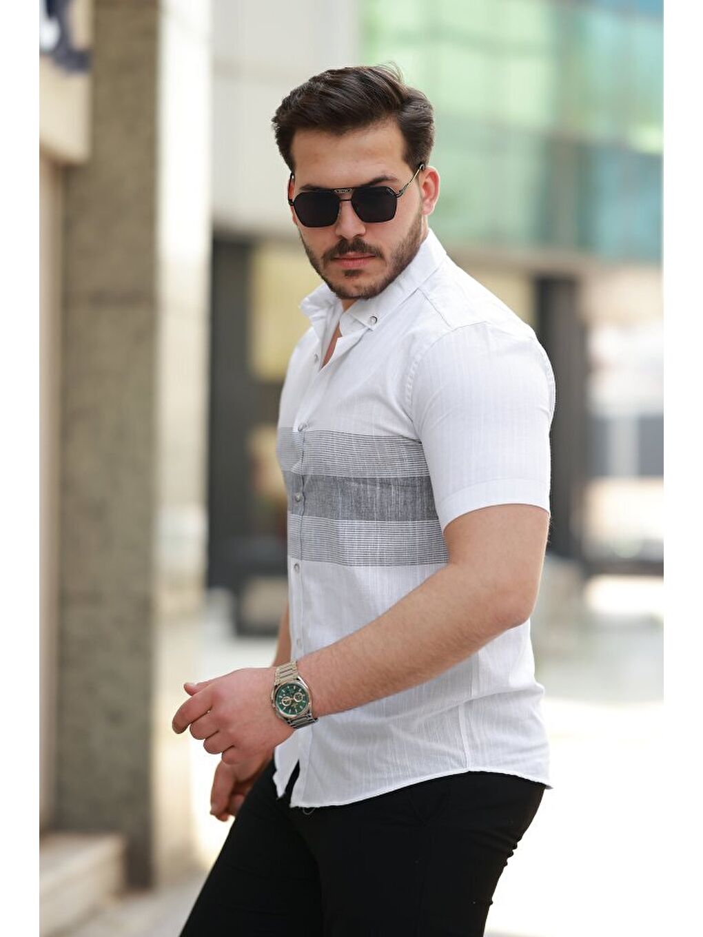 Beyaz Erkek Desenli Kısa Kollu Gömlek-1