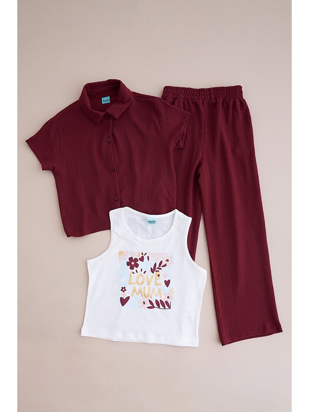 Mürdüm Love Mum Baskılı Bürümcük Kumaş Kız Çocuk 3 Lü Takım