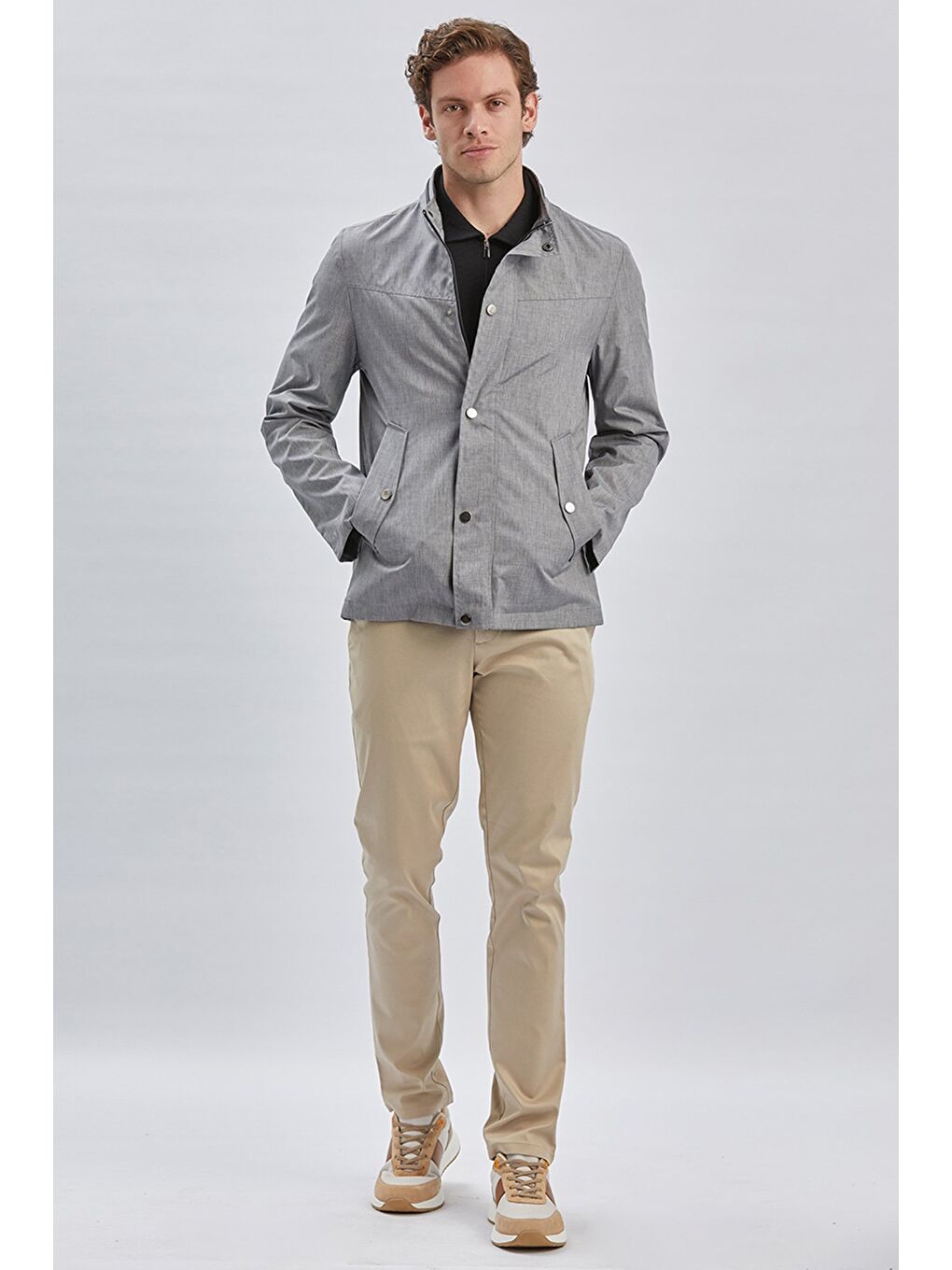 Gri Dik Yaka Yarım Astar Comfort Fit Rahat Kesim Casual Mont 1007240150-1