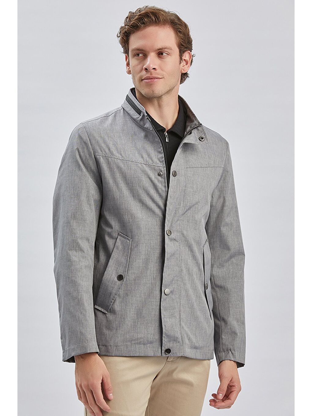 Gri Dik Yaka Yarım Astar Comfort Fit Rahat Kesim Casual Mont 1007240150-2