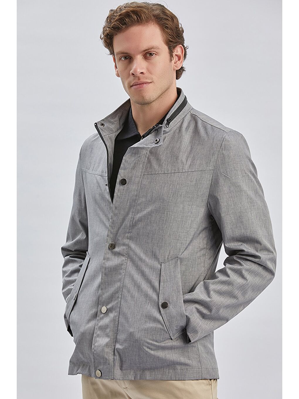 Gri Dik Yaka Yarım Astar Comfort Fit Rahat Kesim Casual Mont 1007240150-3