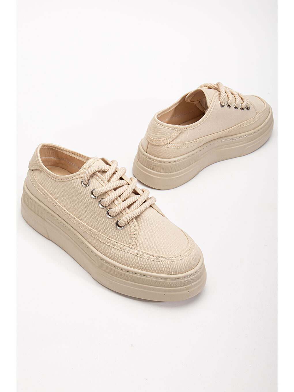 Kadın Bej Poli Taban Keten Halat Bağcıklı Spor Ayakkabı-2