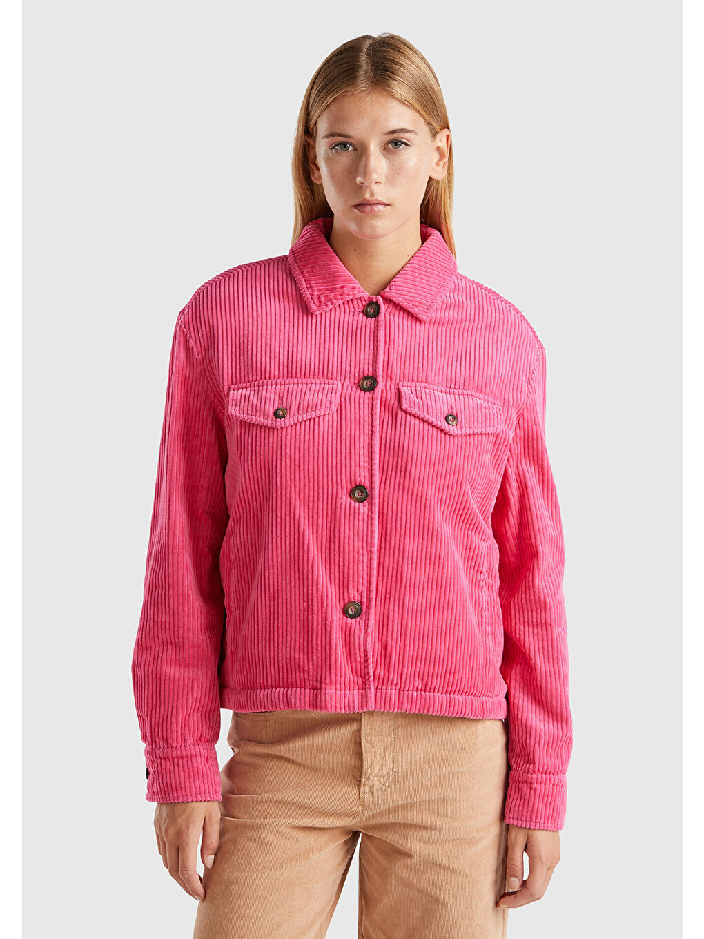 Kadın Pembe %100 Pamuk Önü Biye Cep Detaylı Düğmeli Sivri Yaka Kadife Ceket-1