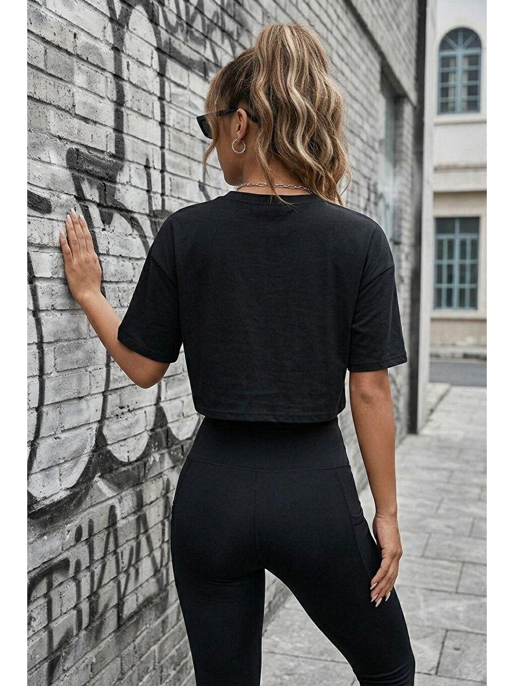 Siyah Cezyy Bisiklet Yaka Basic Oversize Crop Tişört - Pamuklu Rahat Kesim-2