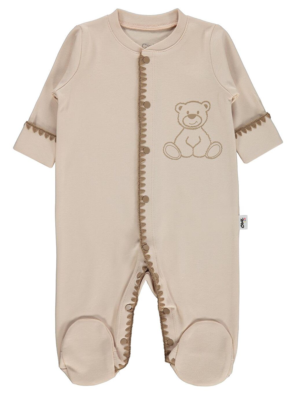 Bej Baby Oturan Tatlı Ayı Baskılı 1-9 Ay Tulum - Fil Dişi