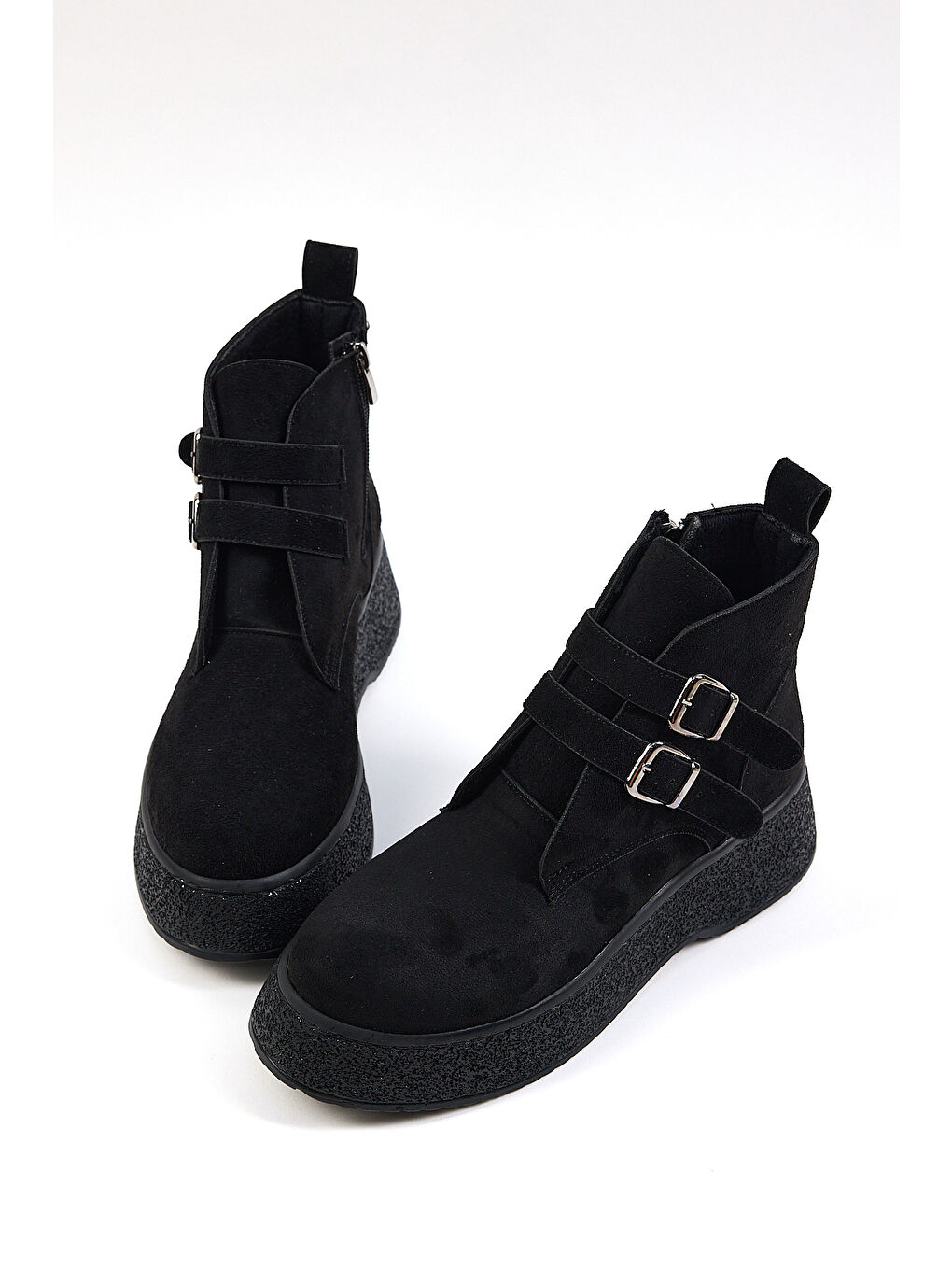 Kadın Siyah Süet Rahat Kalıp Yüksek Taban Çift Tokalı Fermuarlı Bot-3