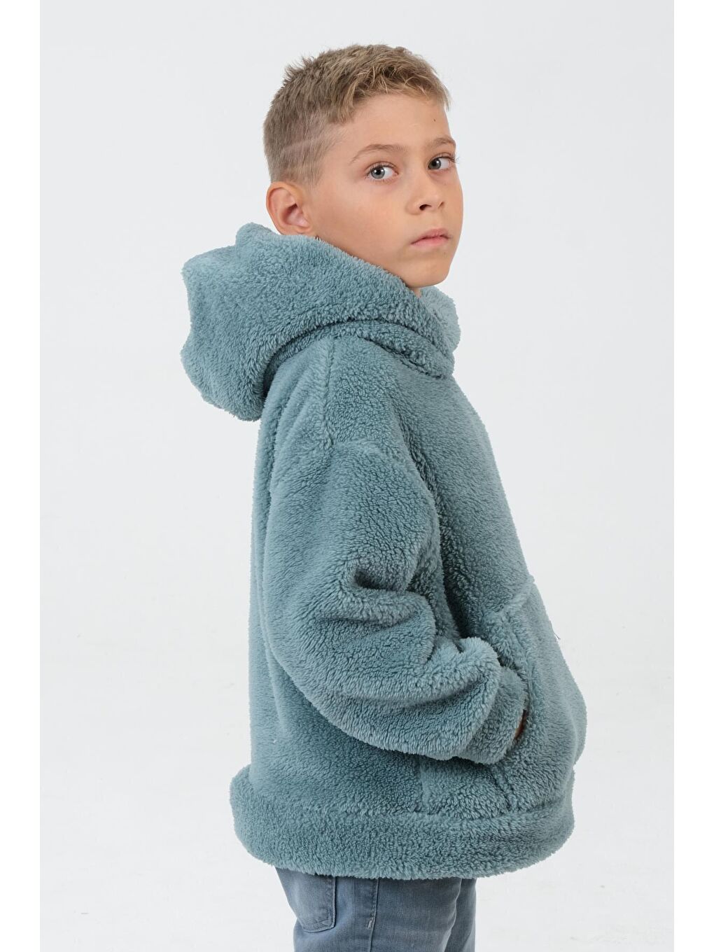 Yeşil Erkek Çocuk Peluş Kapüşonlu Üst-1