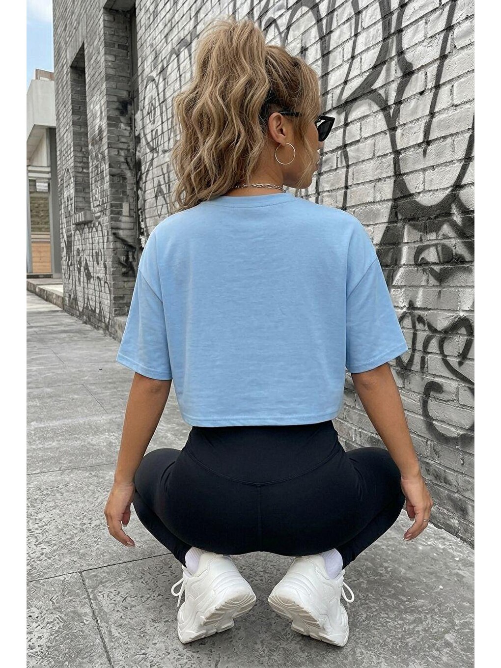 Turkuaz Cezyy Bisiklet Yaka Basic Oversize Crop Tişört - Pamuklu Rahat Kesim-2