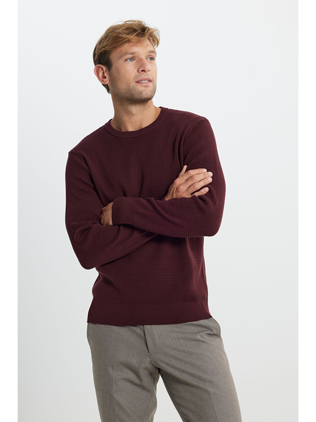 Erkek Bordo Pamuklu Normal Kesim Bisiklet Yaka Petek Dokulu Triko Kazak-2