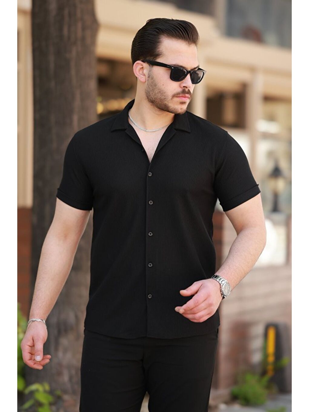 Siyah Erkek Ottoman Kumaş Apaj Yaka Kısa Kollu Gömlek