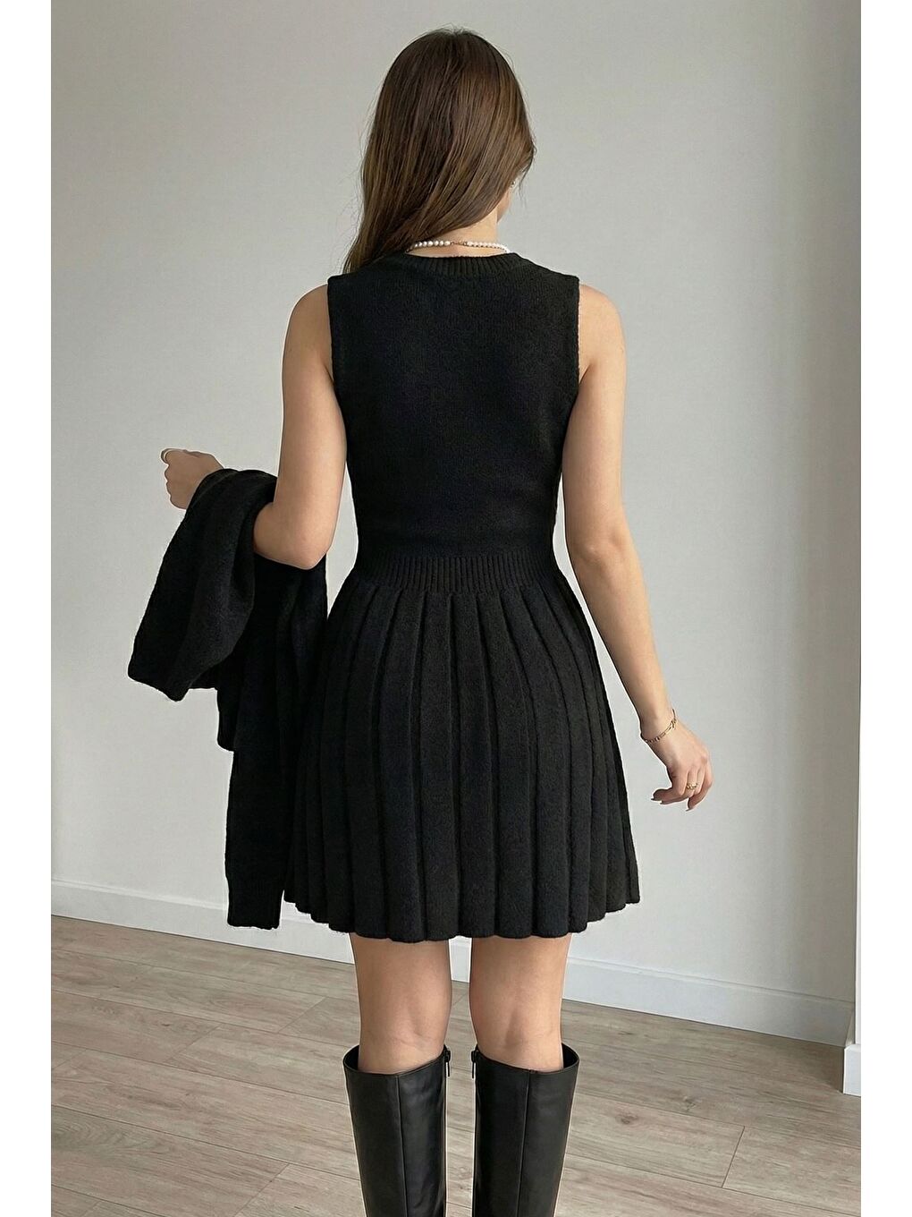 Siyah Kadın Hırka Kombinli Pileli Triko Elbise-1