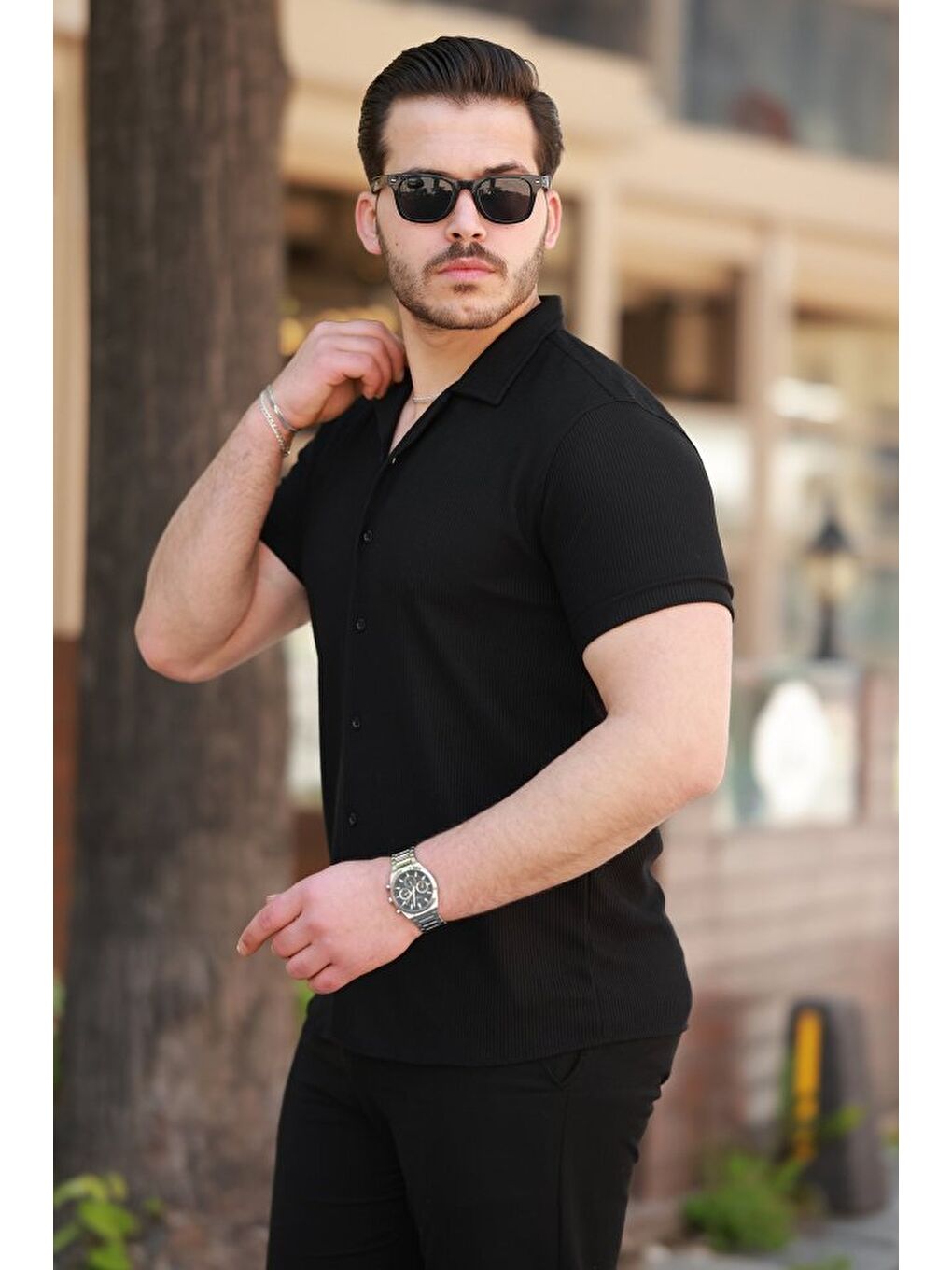 Siyah Erkek Ottoman Kumaş Apaj Yaka Kısa Kollu Gömlek-1