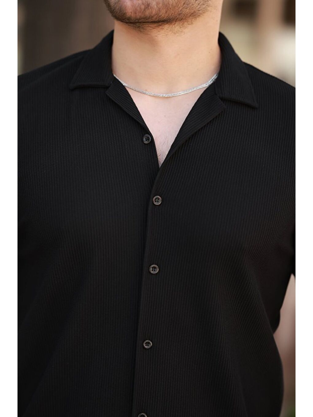 Siyah Erkek Ottoman Kumaş Apaj Yaka Kısa Kollu Gömlek-2