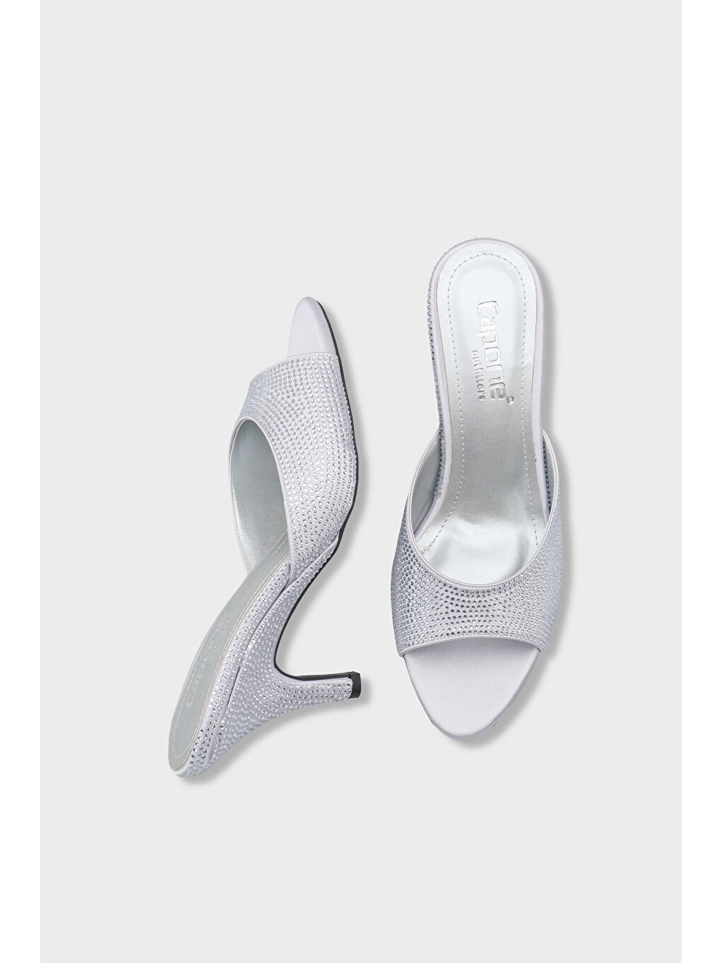 Gri Lenore Taşlı Feta Dolgu Orta Topuklu Saten Kadın Terlik-4