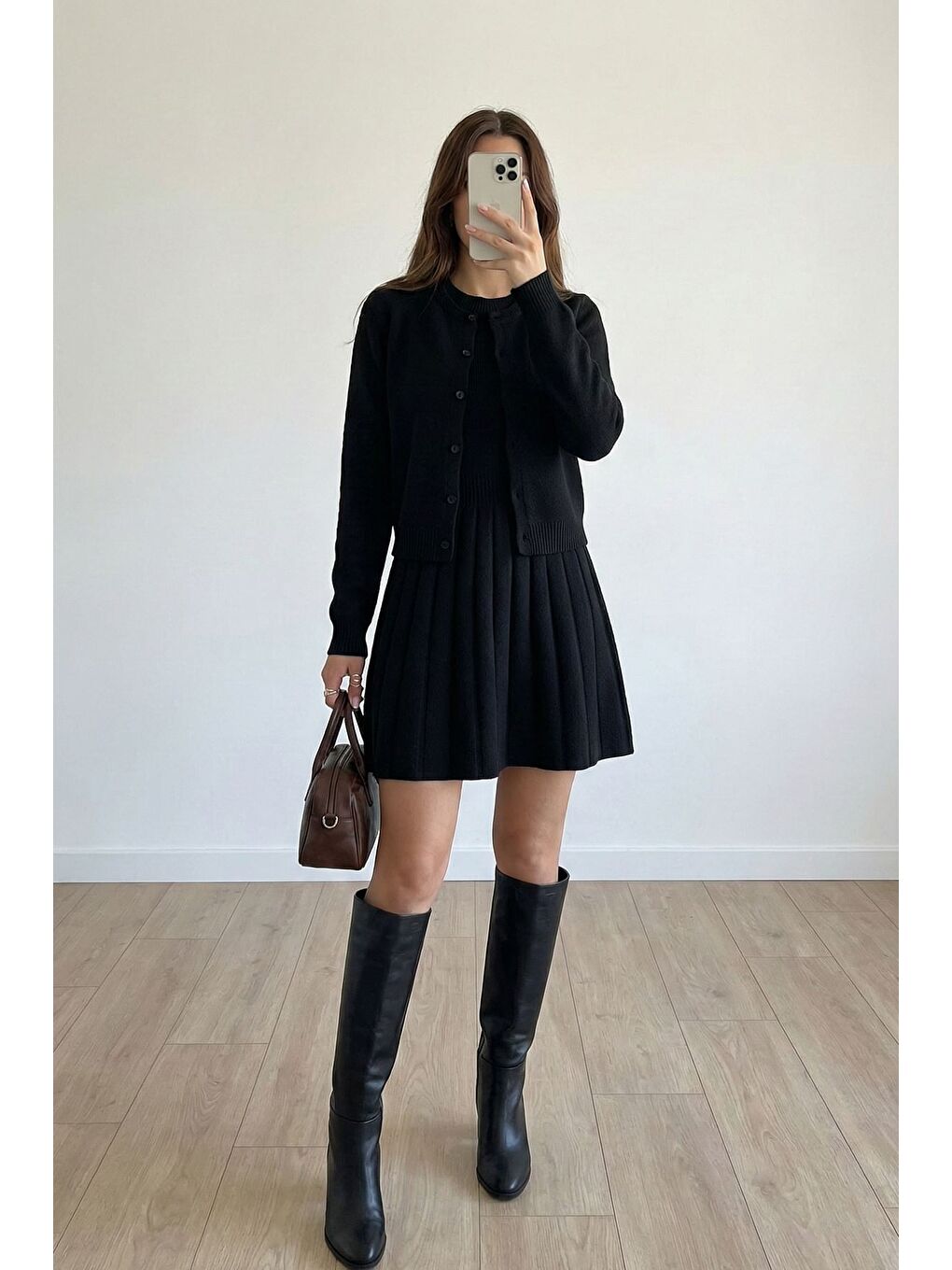 Siyah Kadın Hırka Kombinli Pileli Triko Elbise-3