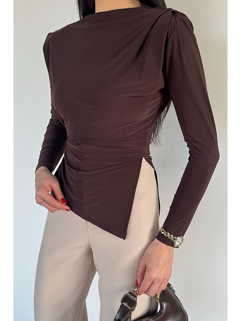 Kahverengi Kadın Bel Ve Omuz Büzgülü Vatkalı Bluz