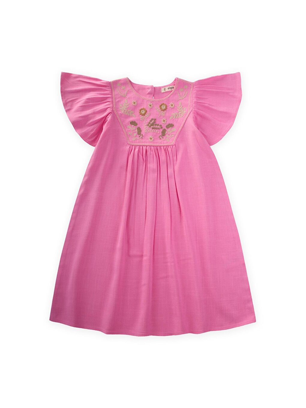 Pembe Kız Çocuk Nakışlı Keten Elbise