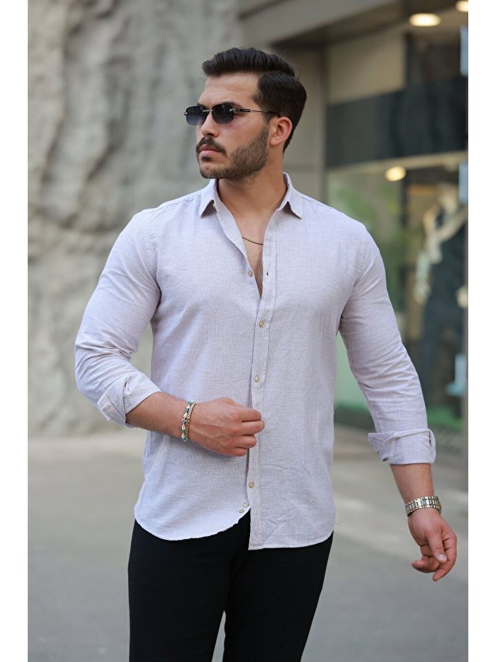 Kahverengi Erkek çizgi Desenli Uzun Kollu Pamuklu Keten Gömlek