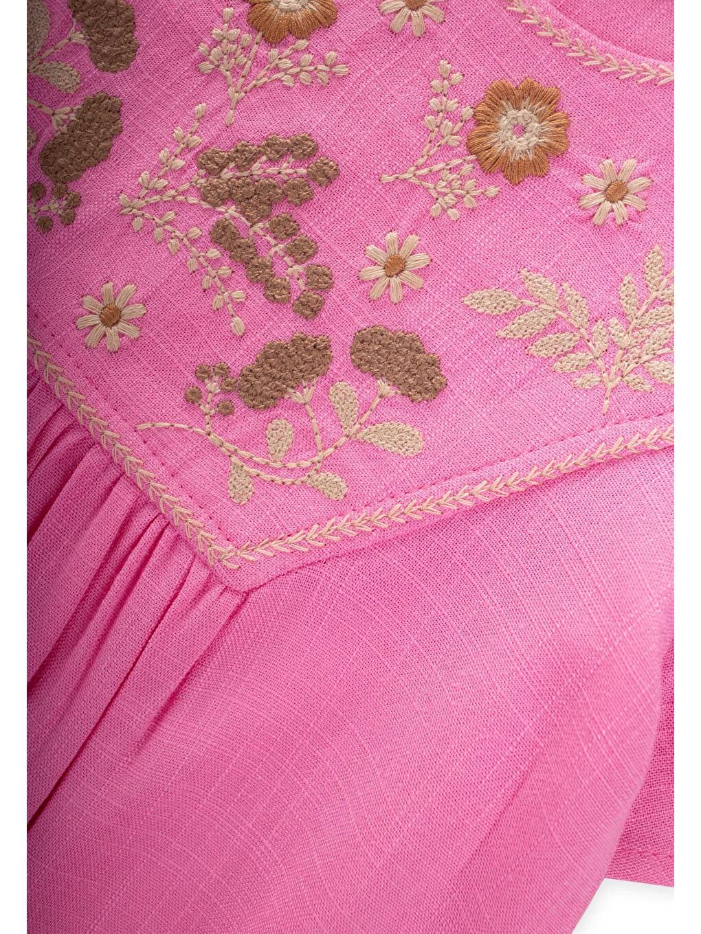 Pembe Kız Çocuk Nakışlı Keten Elbise-2
