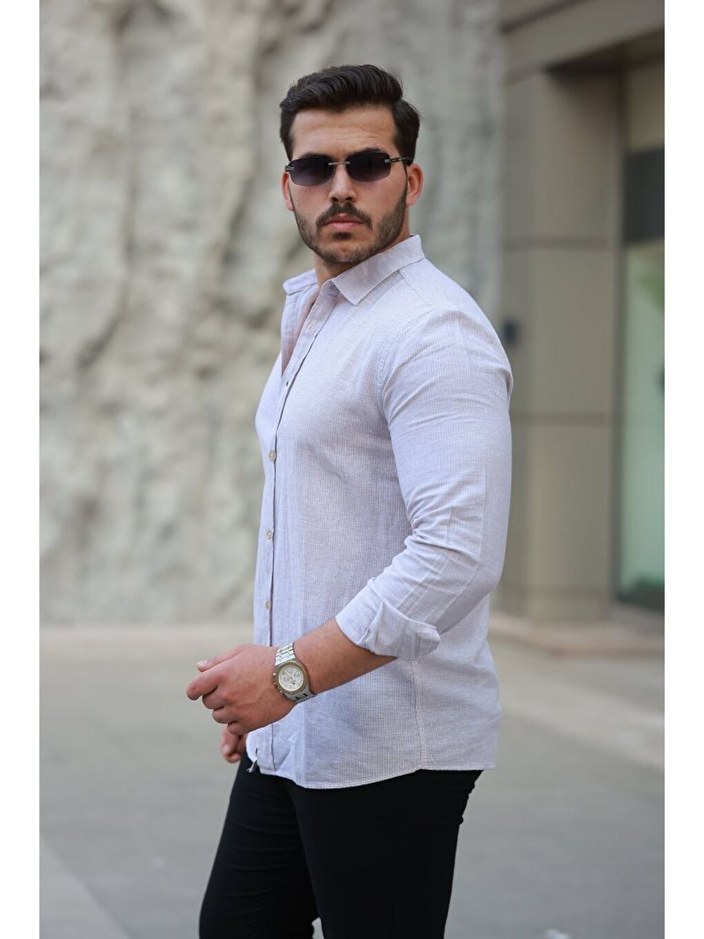 Kahverengi Erkek çizgi Desenli Uzun Kollu Pamuklu Keten Gömlek-1