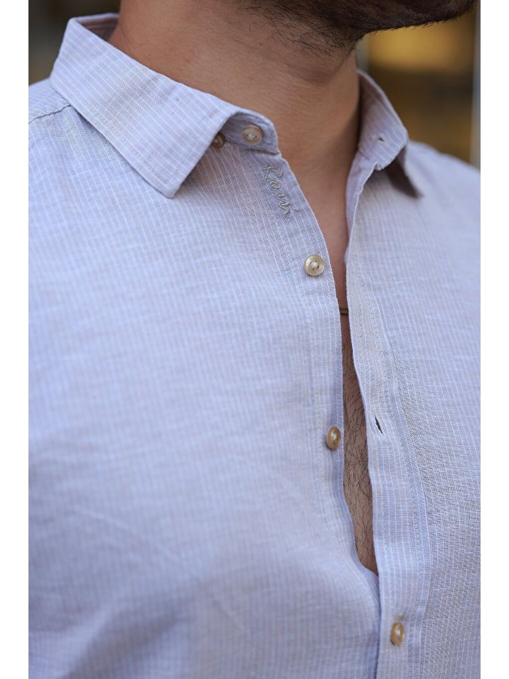 Kahverengi Erkek çizgi Desenli Uzun Kollu Pamuklu Keten Gömlek-2