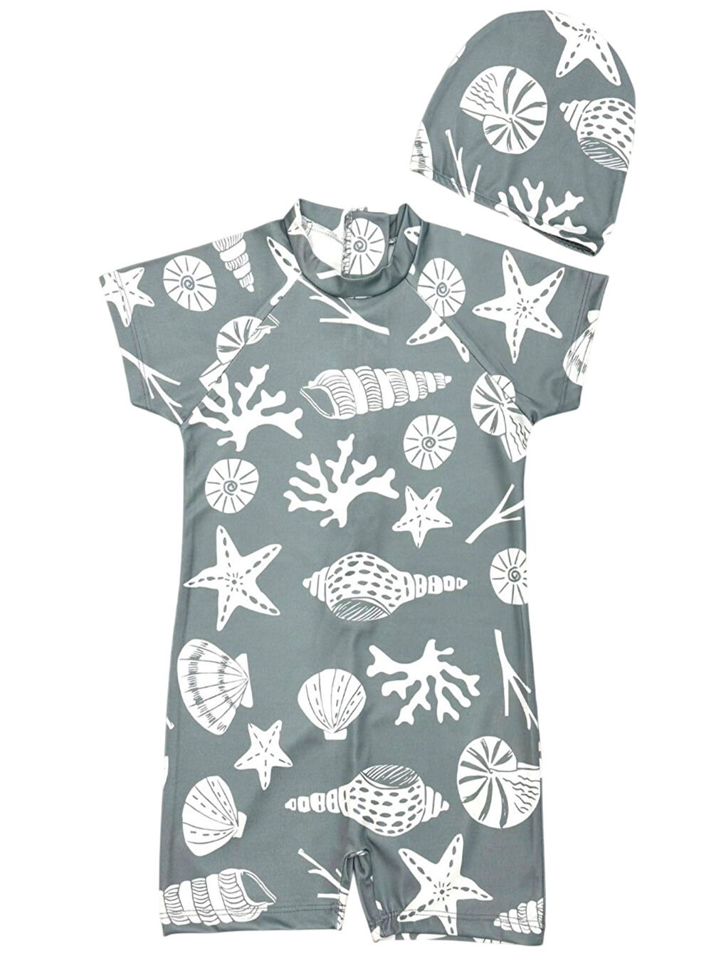 Gri Boneli ,Pervaz Fermuarlı ,Güneş Korumalı Erkek Çocuk Tulum Mayo