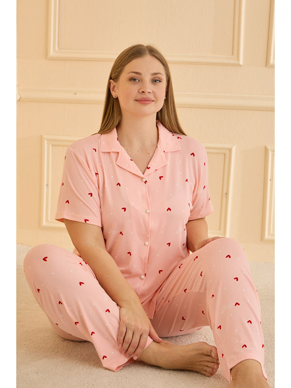 Pembe Büyük Beden Desenli Regular Fit Düğmeli Yumuşak Dokulu Pijama Takımı 65750501