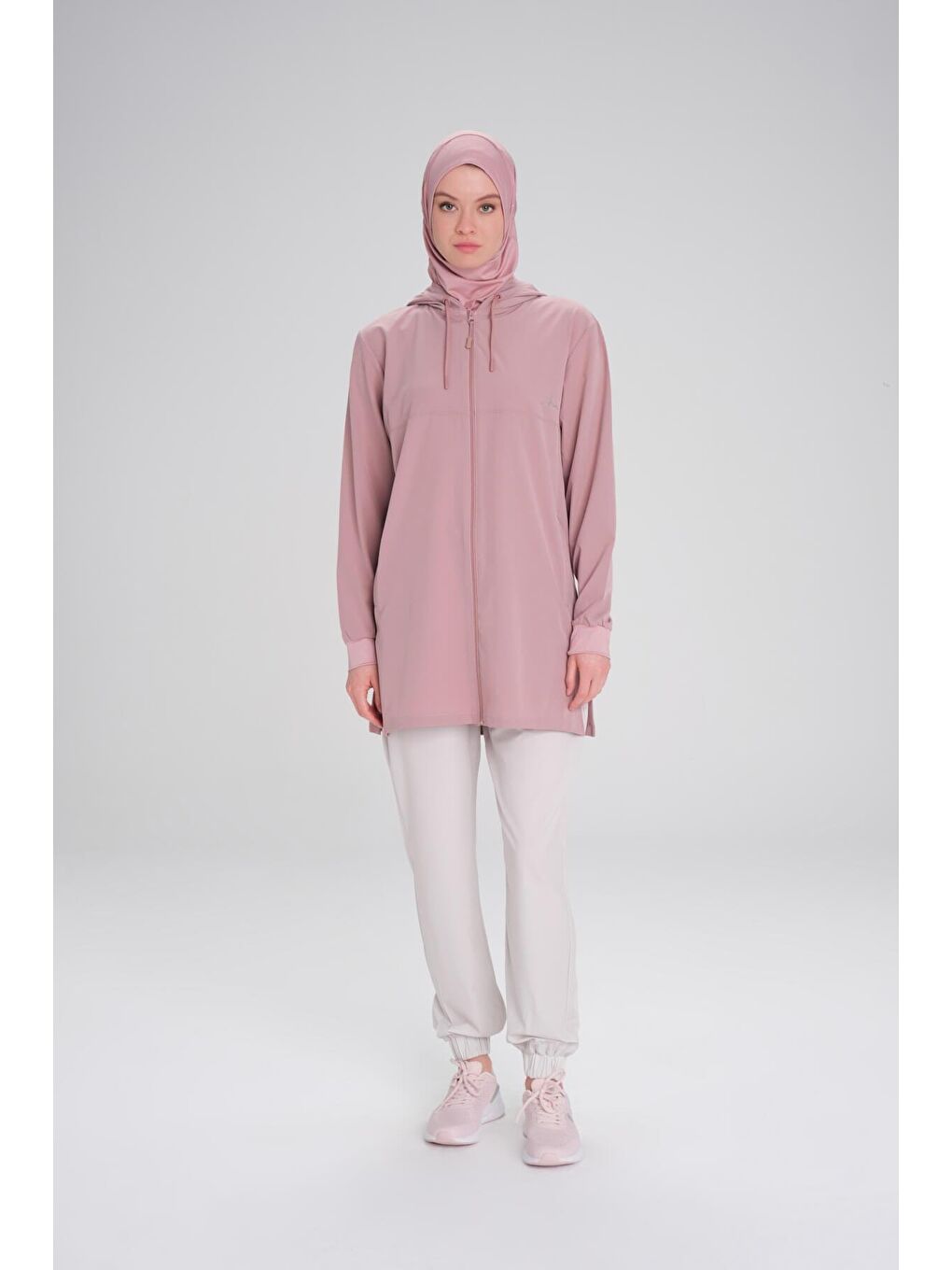 Active Uzun Kollu Kapüşonlu Fermuarlı Pembe Tesettür Antrenman Üstü Act 10-2